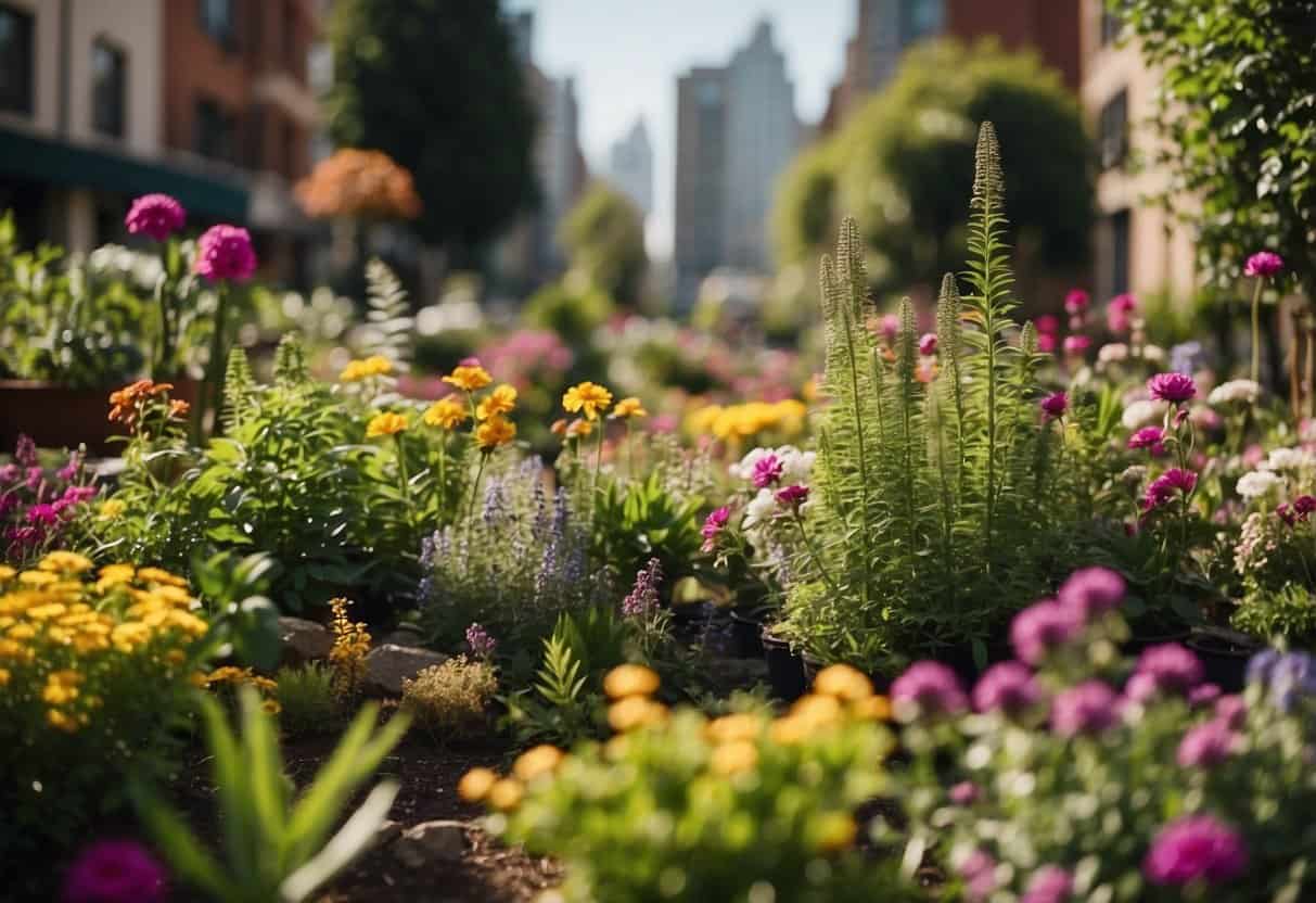A vibrant urban garden with diverse plants and flowers, surrounded by city buildings and bustling streets. The garden is well-tended and flourishing, showcasing the beauty of nature in an urban setting
