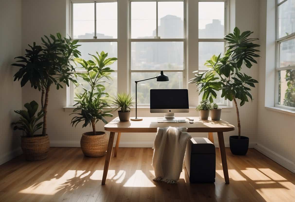 A clean, modern room with a simple desk, laptop, and plant. Light streams in through a large window, creating a bright, inviting space