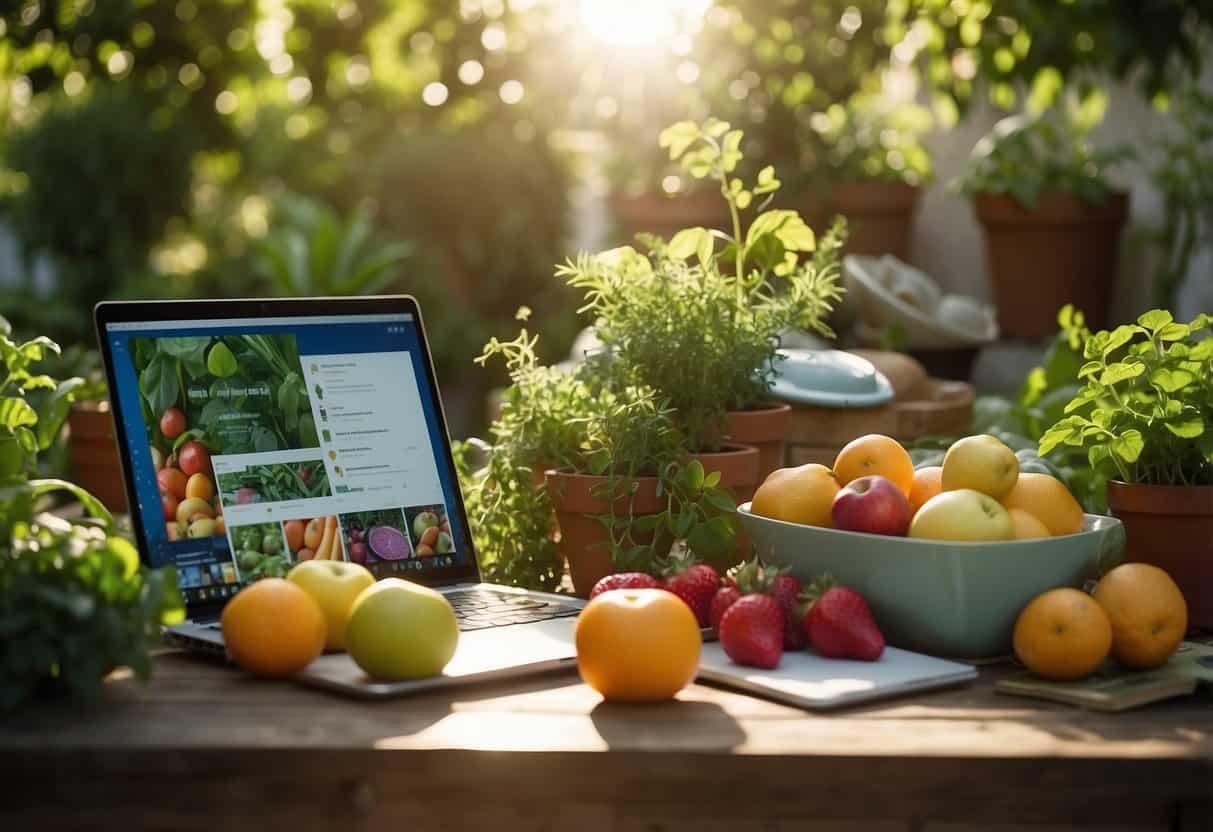 A lush garden with vibrant fruits, vegetables, and herbs. A laptop sits on a table, surrounded by cookbooks and gardening tools. The sun shines down, creating a peaceful and inviting atmosphere
