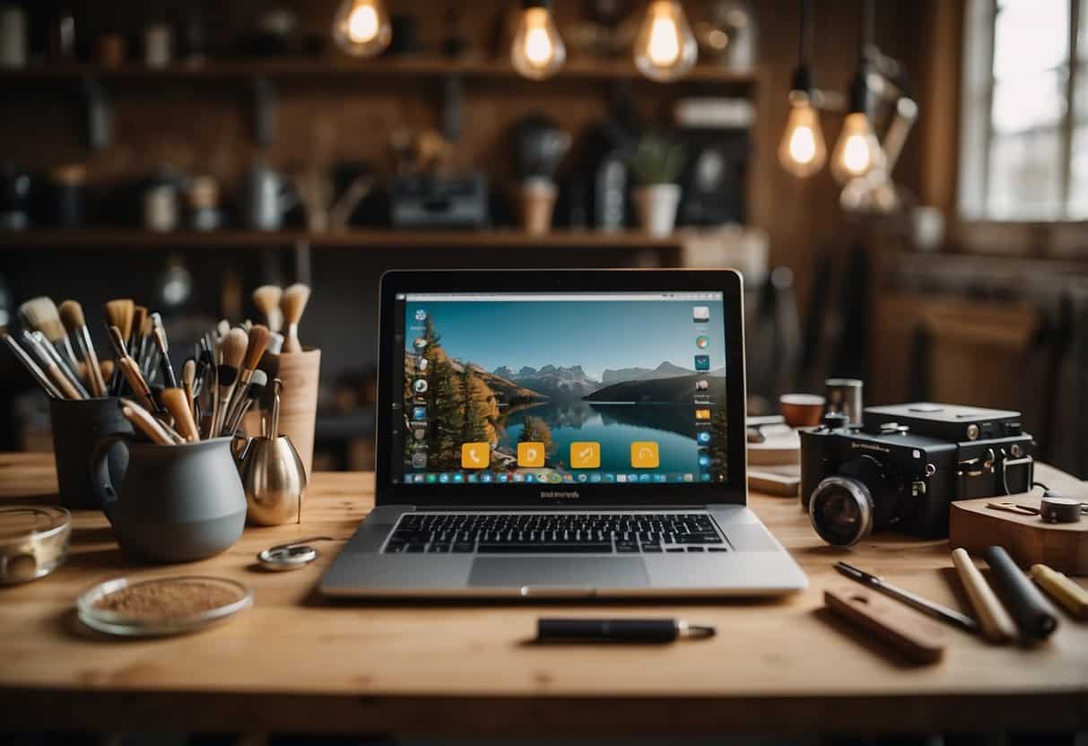 A cozy home workshop with tools and materials for DIY projects, including wood, paint, and brushes. A laptop displays "35 best niche for blogging with low competition."