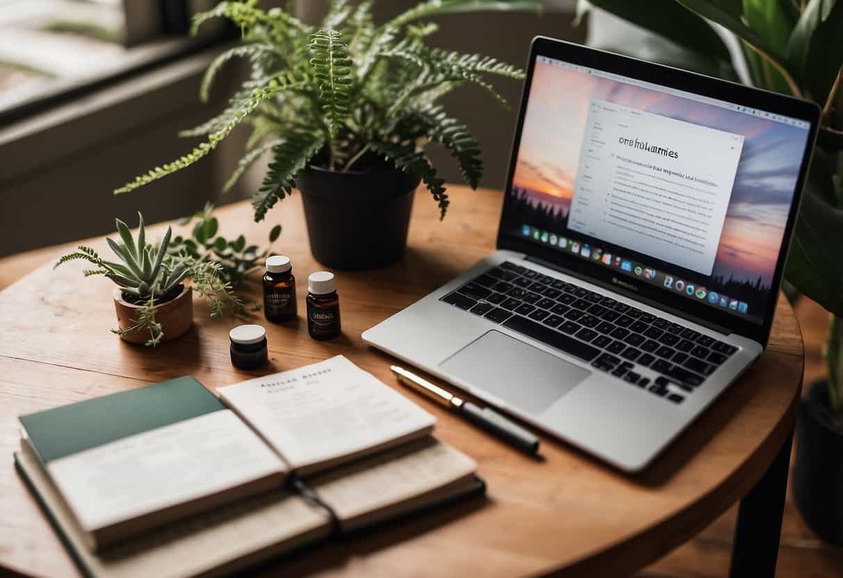 A serene, nature-filled space with a laptop and journal, surrounded by plants, essential oils, and wellness books. A calming color palette and soft lighting create a peaceful atmosphere for blogging about holistic health