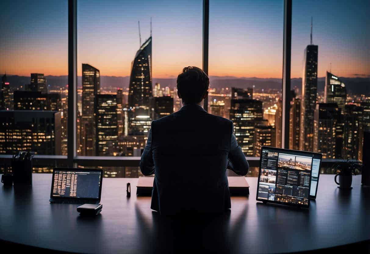 A bustling city skyline with modern office buildings and a network of remote workers connecting virtually from their homes