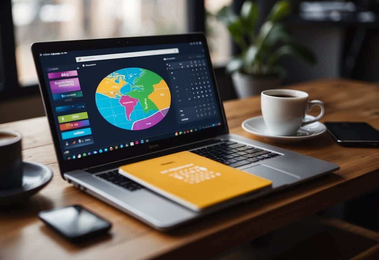 A laptop with a vibrant screen displaying various online platforms for earning money. A cozy workspace with a cup of coffee and a calendar showing weekends