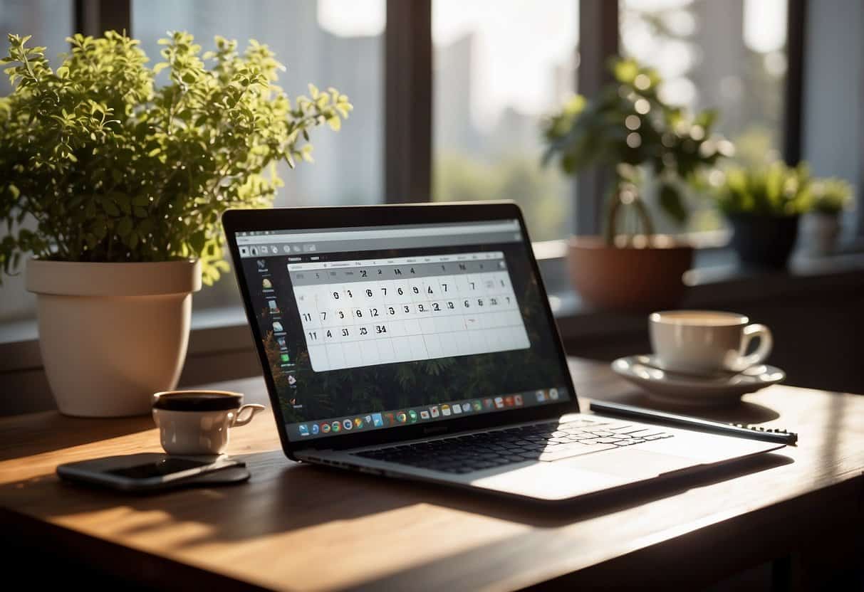 A laptop, smartphone, notebook, and pen on a desk with a cozy workspace setup. A calendar, clock, and coffee mug are nearby. An open window shows a sunny day outside