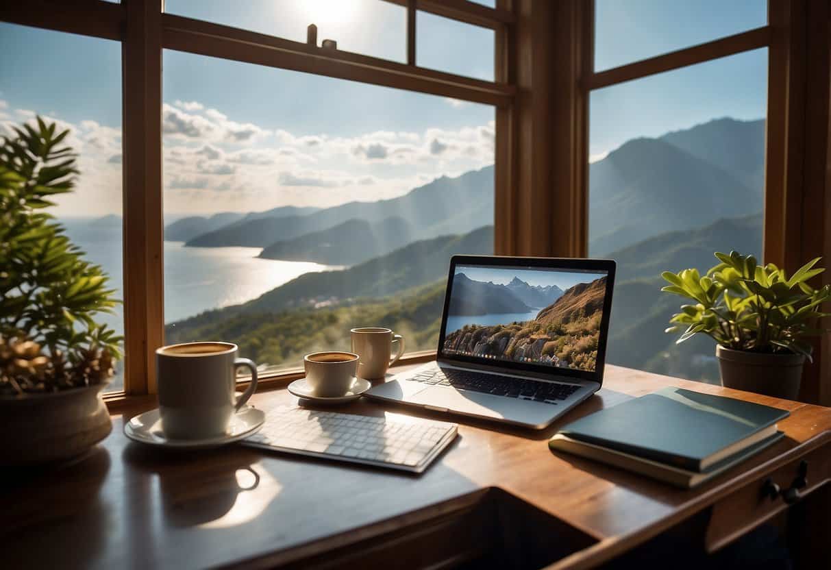 A cozy home office with a laptop, coffee mug, and calendar. A scenic view of mountains or a beach visible through a window