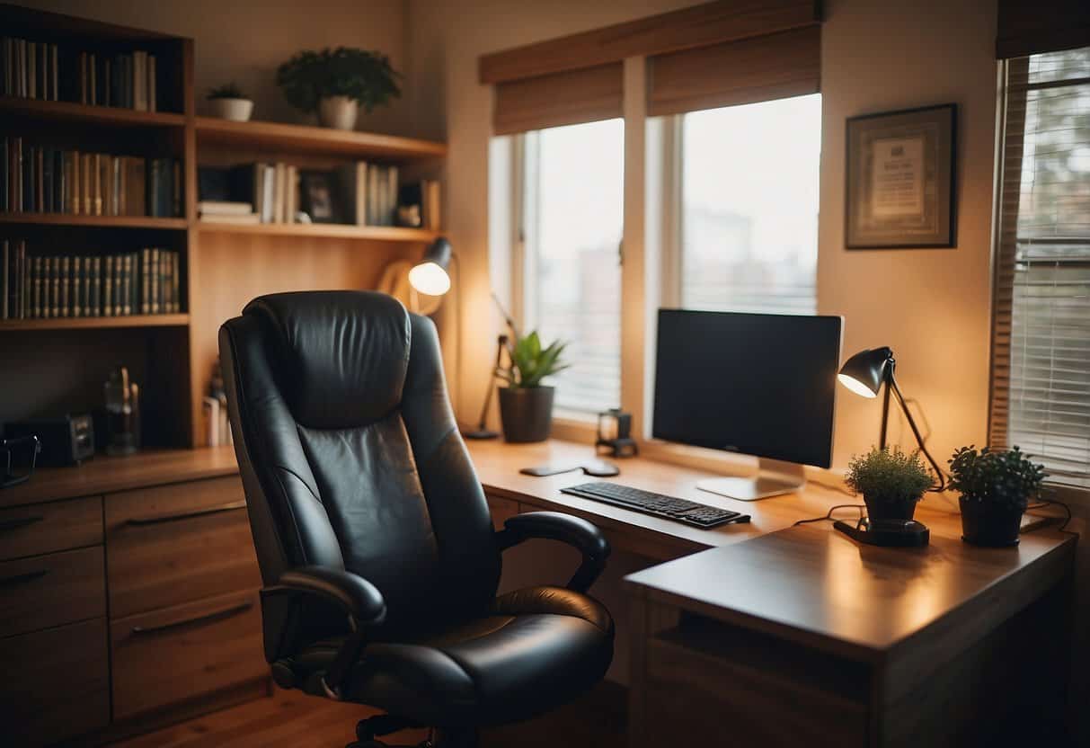A cozy home office with a desk, computer, and comfortable chair. Soft lighting and a warm color scheme create a welcoming and productive work environment