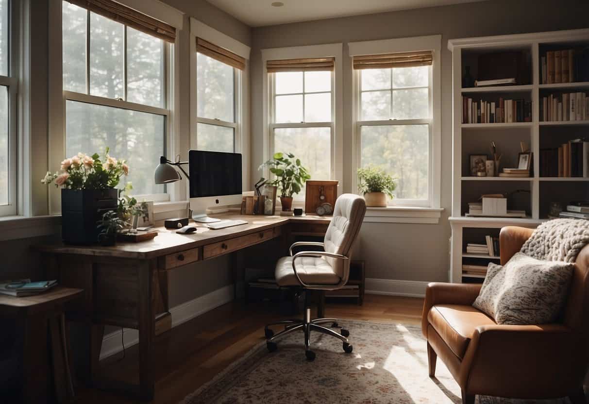 A cozy home office with a desk, computer, and comfortable chair. Soft natural light filters in through the window, creating a warm and inviting atmosphere