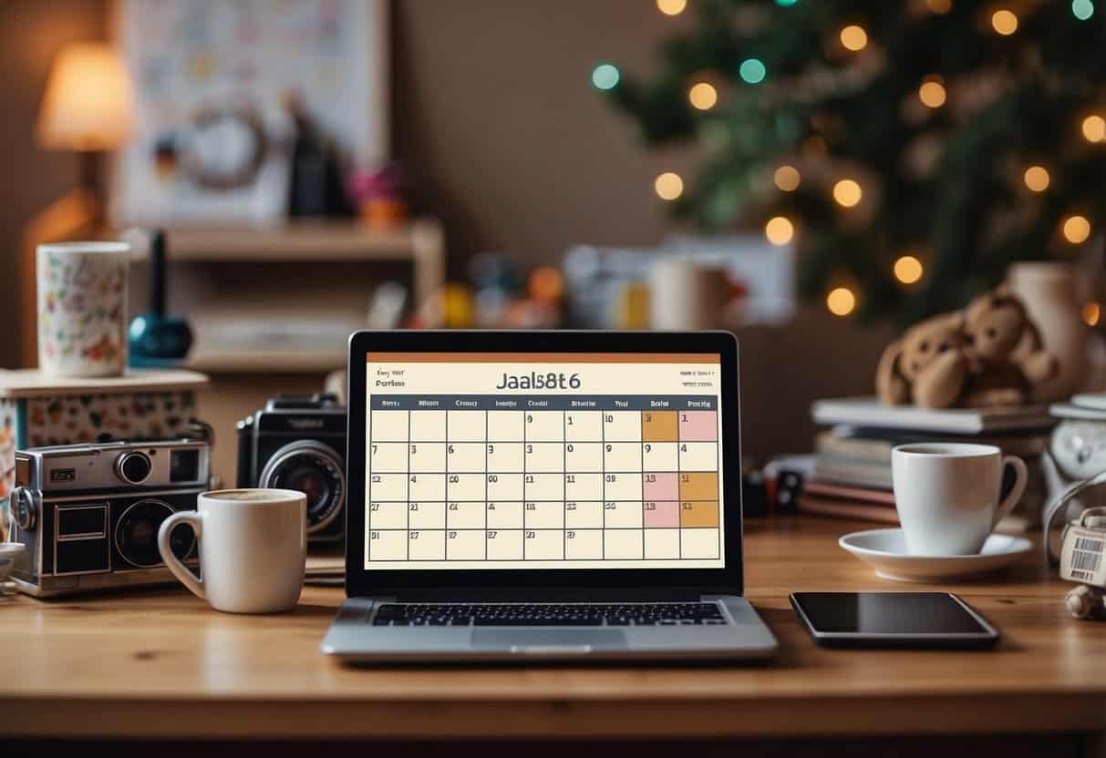 A woman's laptop sits on a cluttered desk, surrounded by toys and family photos. A calendar marks important dates, while a cup of coffee cools nearby