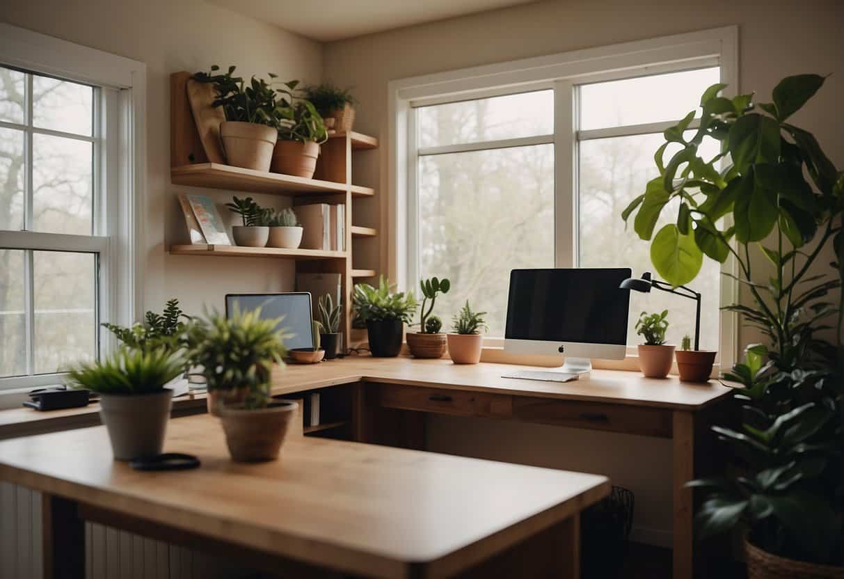 A cozy home office with a computer, desk, chair, and plants. A window lets in natural light, creating a warm and inviting atmosphere