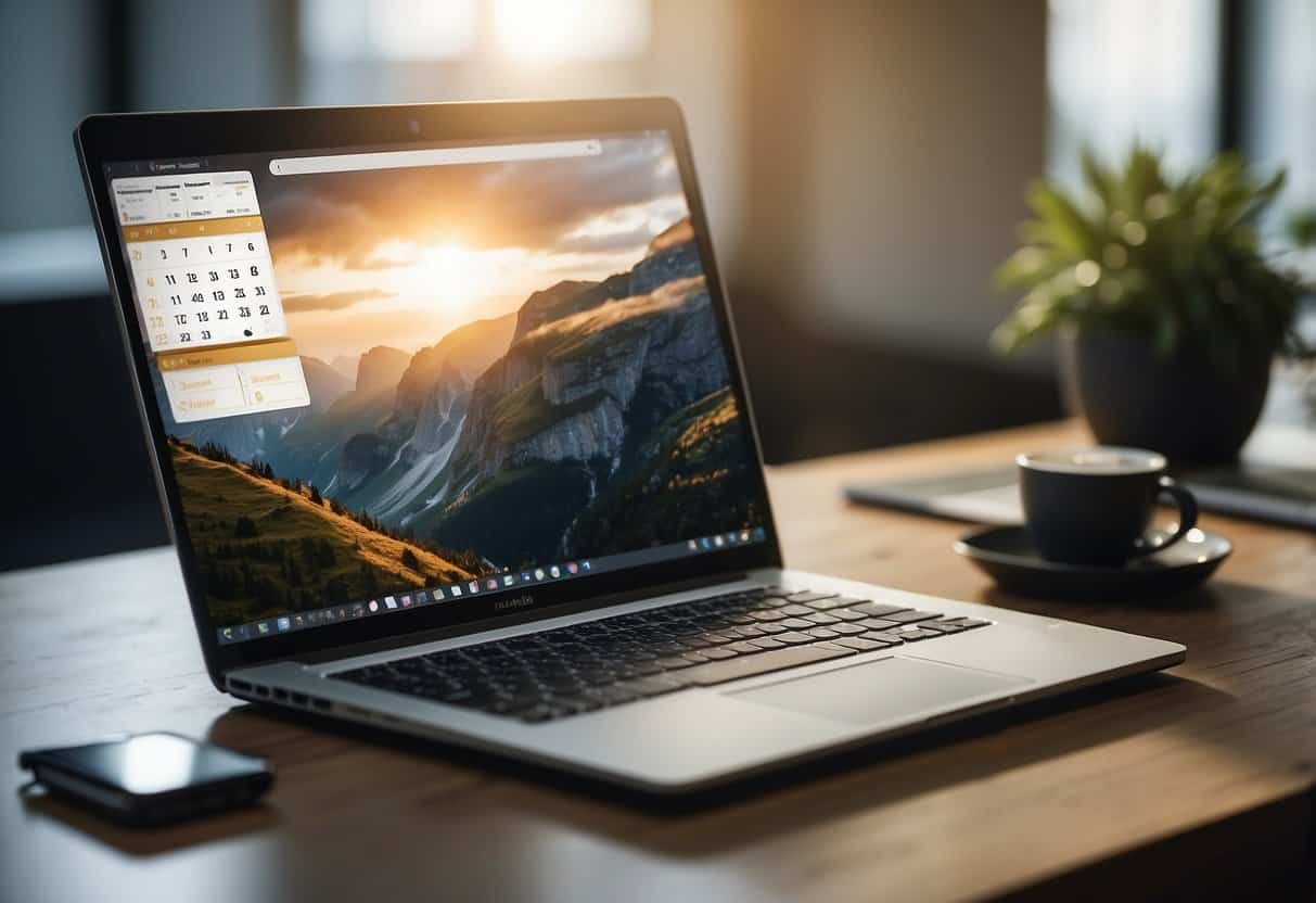 A laptop open on a desk with a notepad and pen, a professional email draft on the screen, and a calendar reminder for a follow-up interview