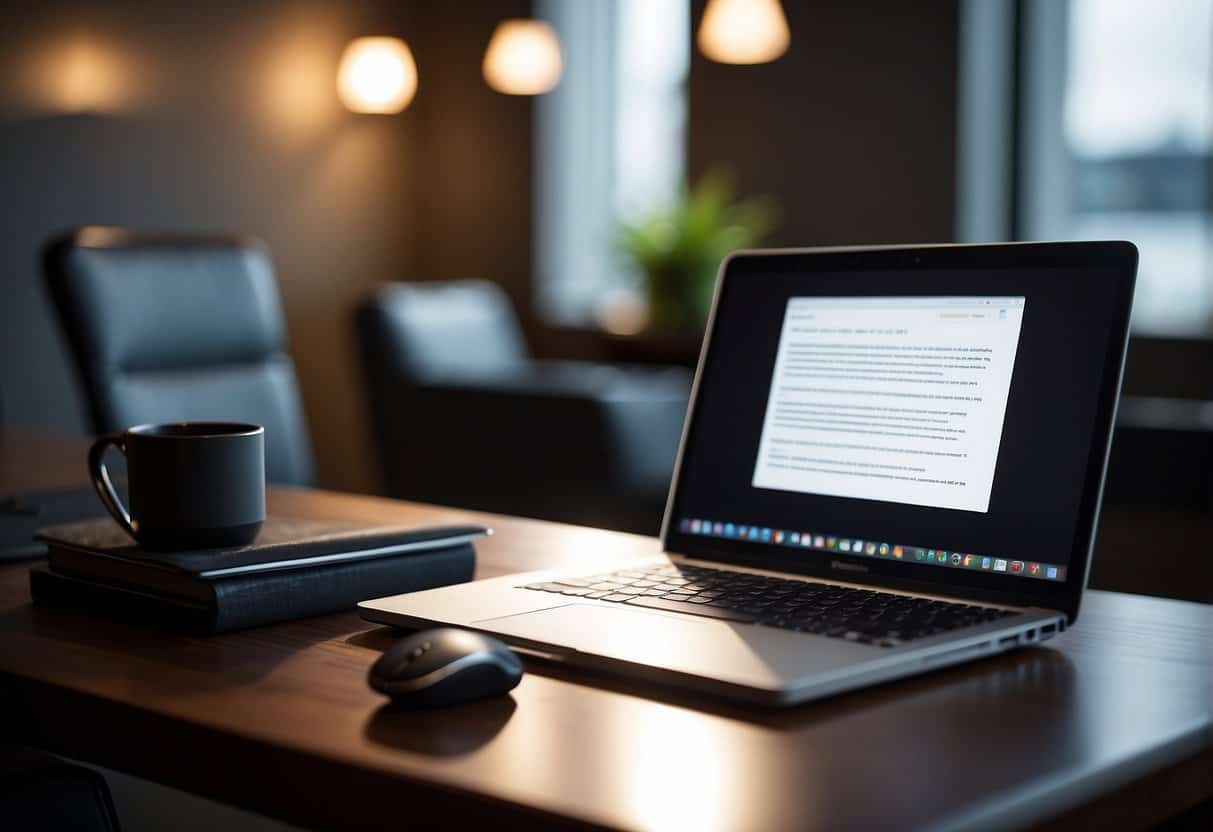 A desk with a laptop, notebook, and pen. A comfortable chair, good lighting, and a quiet, organized space. A professional backdrop or virtual background