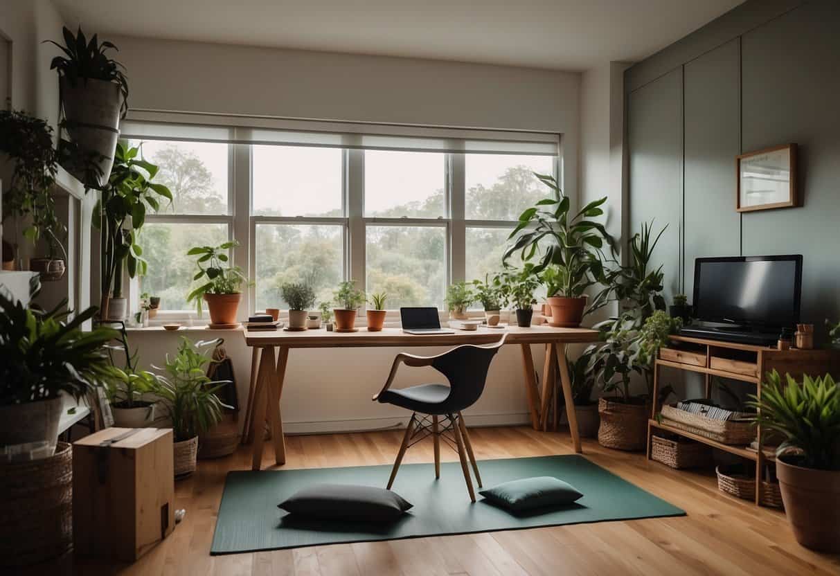 A cozy home office with plants, natural light, and ergonomic furniture. A yoga mat and exercise equipment are nearby. A calendar and to-do list are visible, along with a cup of herbal tea