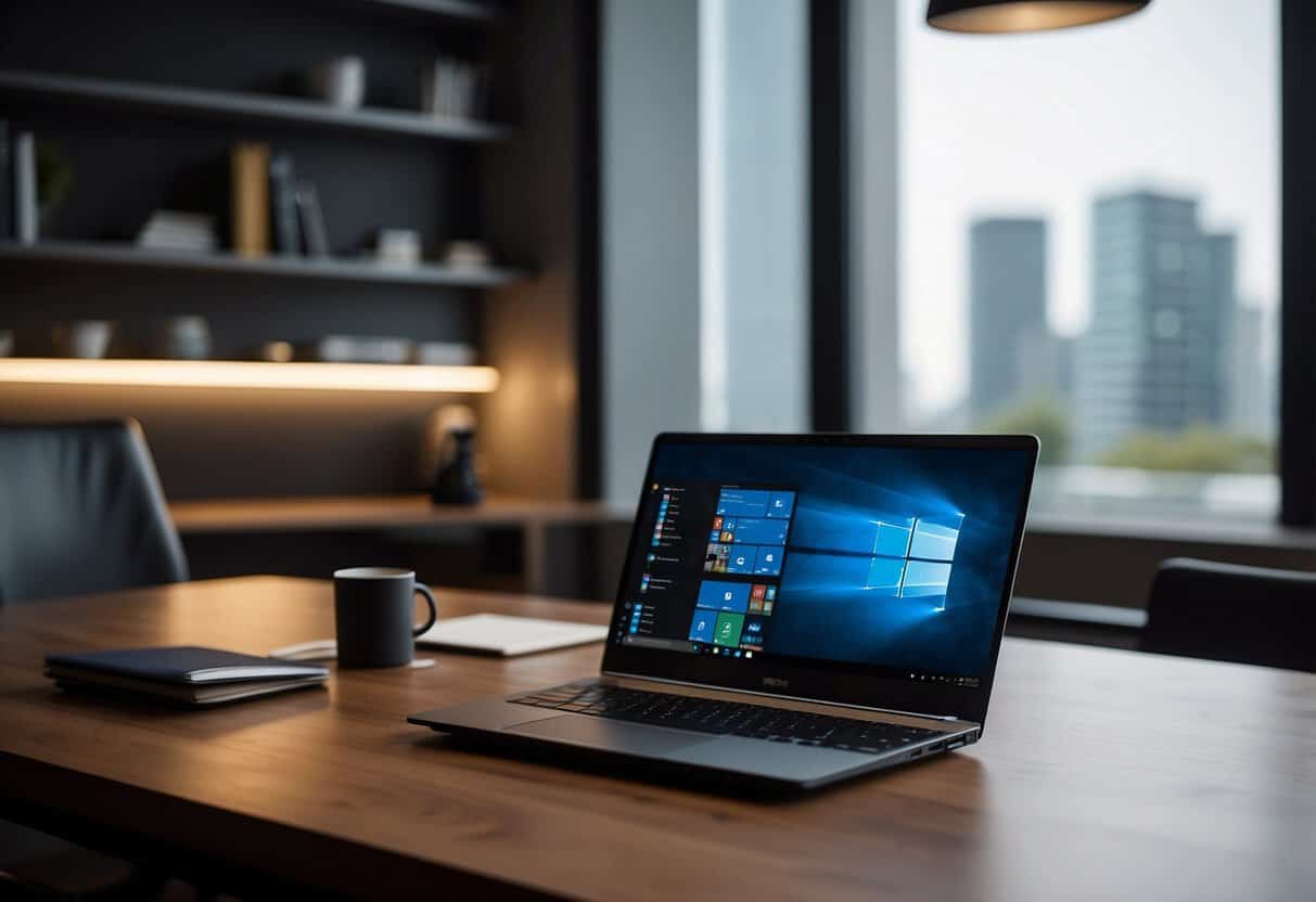 A laptop on a clean desk with a professional backdrop, good lighting, and a comfortable chair for a remote job interview