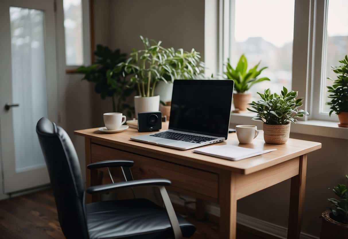 A cozy home office setup with a desk, computer, and comfortable chair. Natural light streams in through a window, and a plant adds a touch of greenery. A cup of coffee sits on the desk, ready for a productive remote job interview