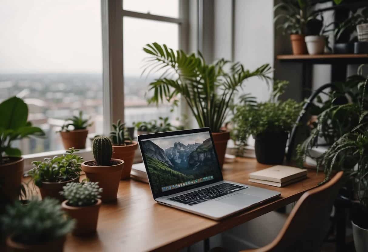 A cozy home office with a laptop, plants, and a comfortable chair. Outside the window, a bustling cityscape contrasts with a peaceful natural landscape