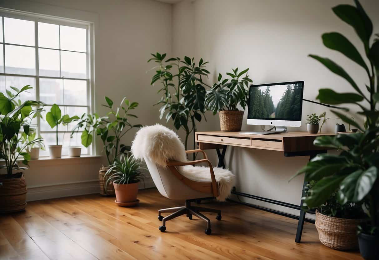 A cozy home office with a laptop, plants, and natural light. A comfortable chair and a peaceful atmosphere