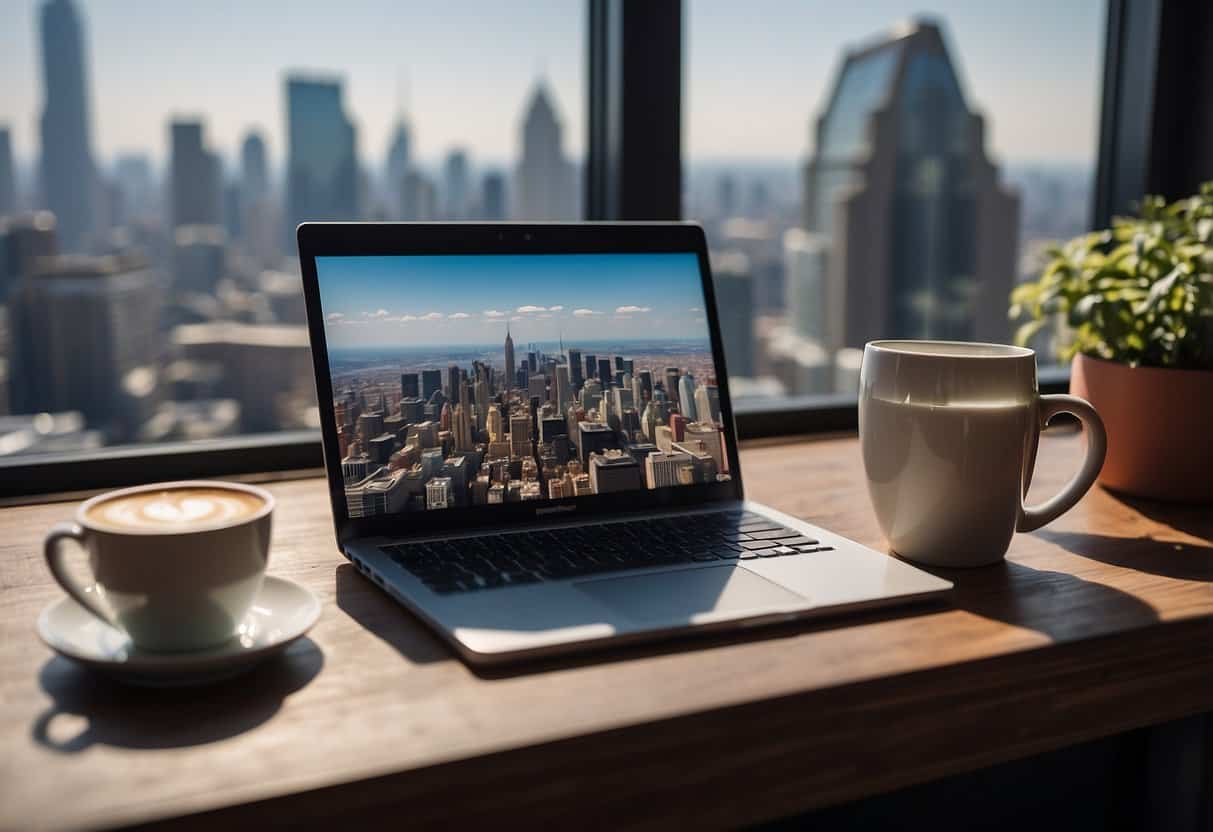 A laptop on a desk with a mug of coffee, a notepad, and a pen. A window shows a cityscape with buildings and a blue sky