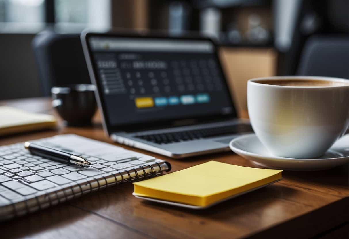 A cluttered desk with a laptop, notebook, and pens. Post-it notes with blog topic ideas cover the wall. A calendar marks important dates. A cup of coffee sits nearby