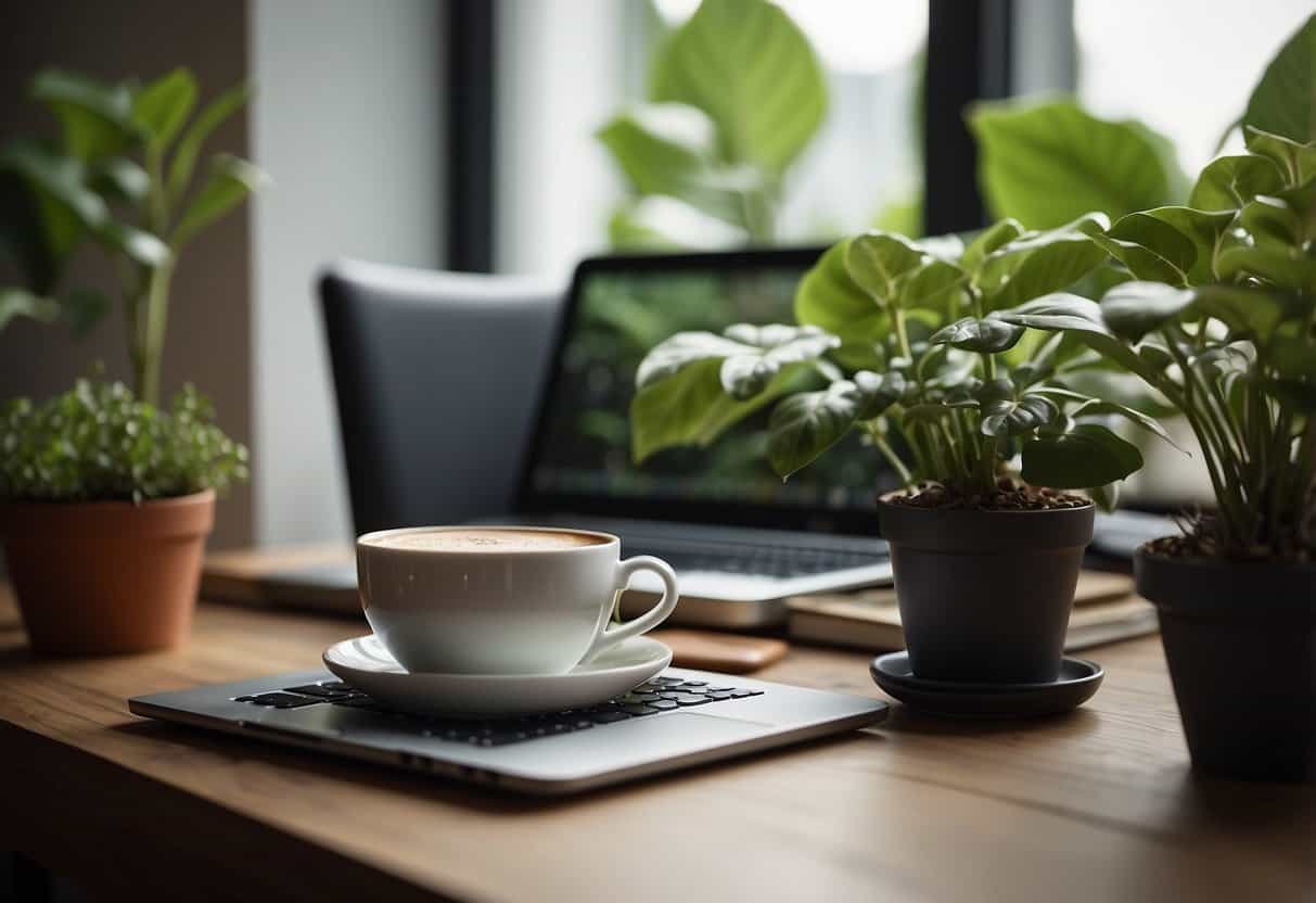 A cozy home office with a laptop, notebook, and pen. A warm cup of coffee or tea sits nearby. Plants and natural light create a calming atmosphere