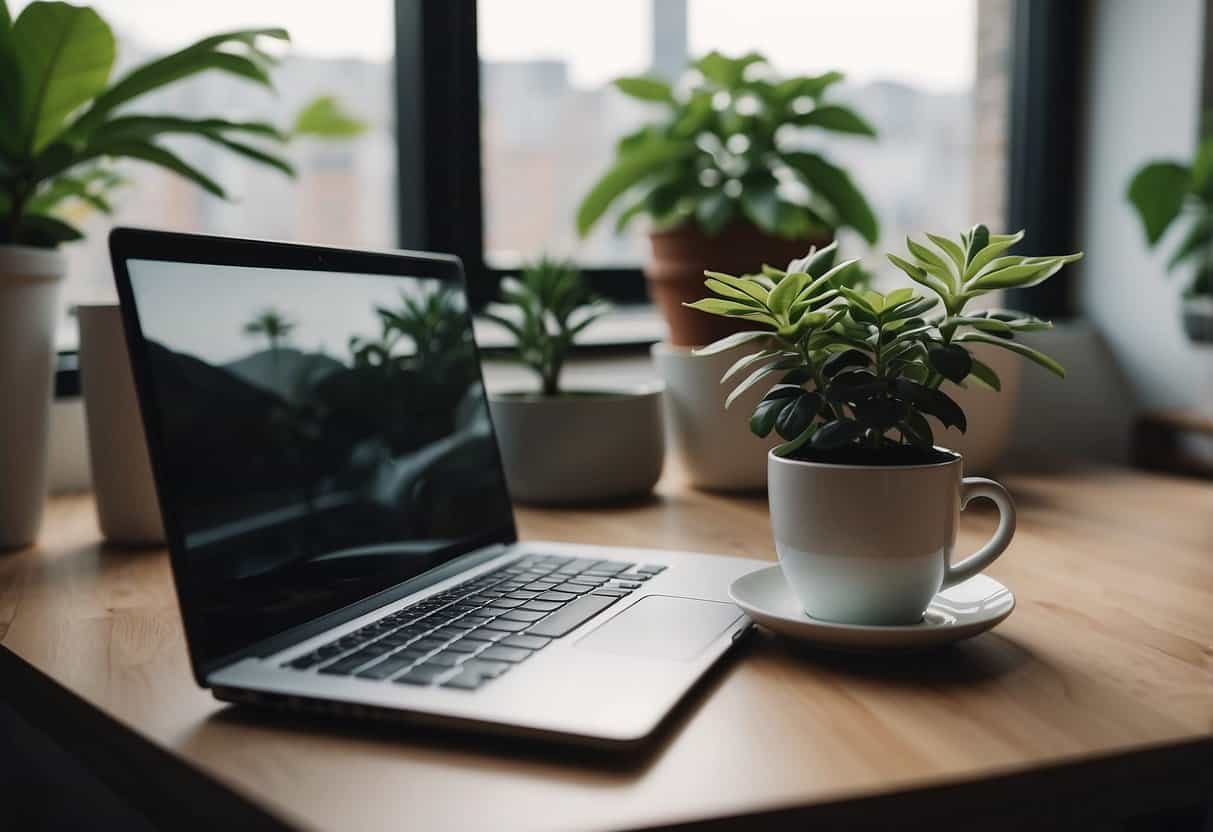 A laptop on a clutter-free desk with a cup of coffee, houseplant, and open window with natural light