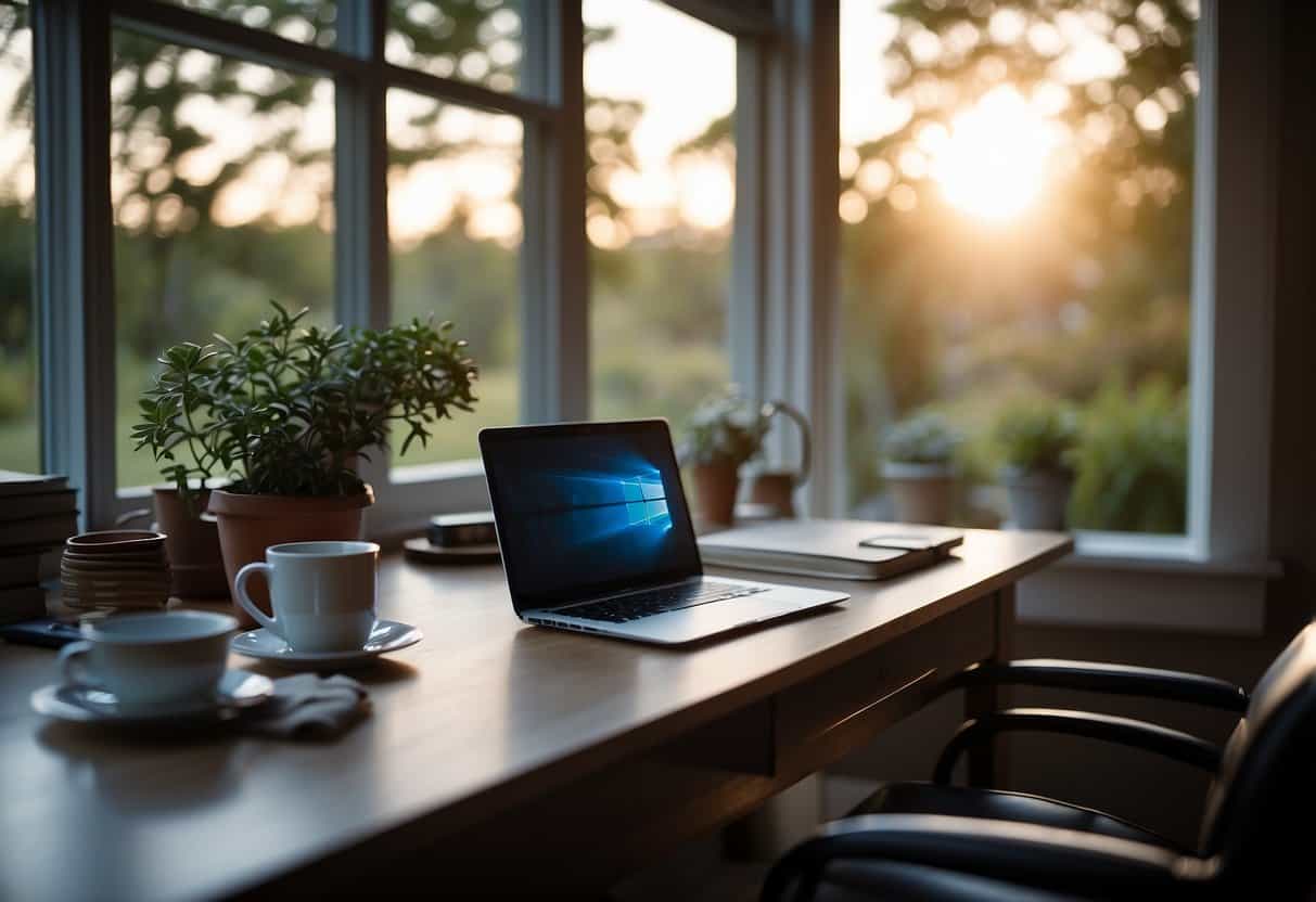 A cozy home office with a laptop, desk, and chair. A window shows a peaceful outdoor scene. A cup of coffee sits nearby