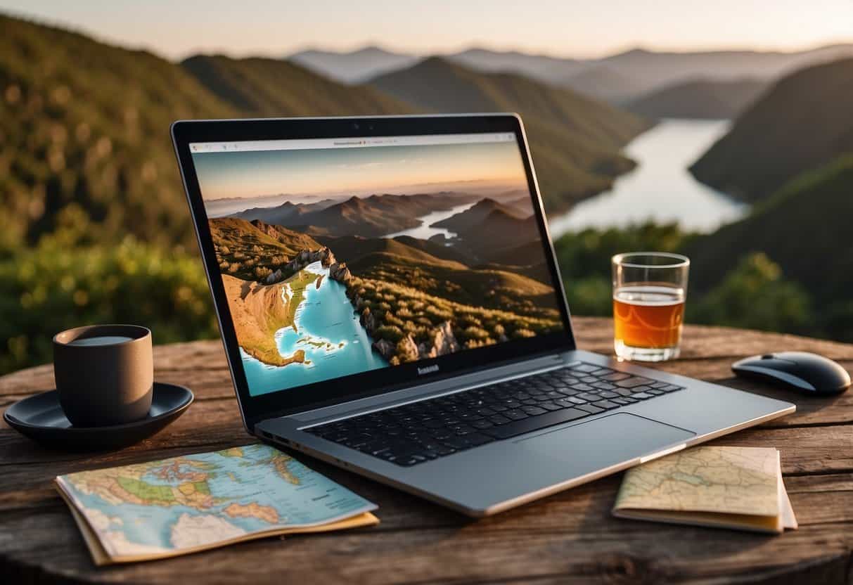 A laptop on a wooden table with a map, passport, and travel essentials, surrounded by a scenic view