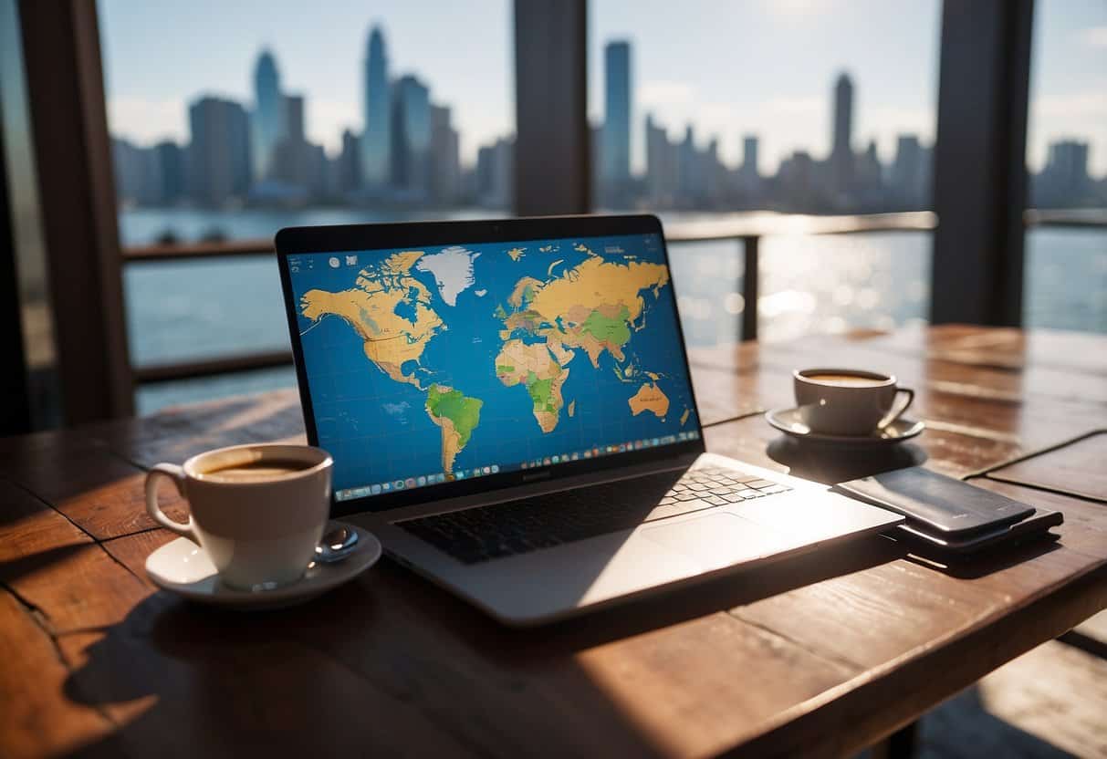 A laptop on a wooden table with a map, passport, and coffee cup. A beach and city skyline in the background