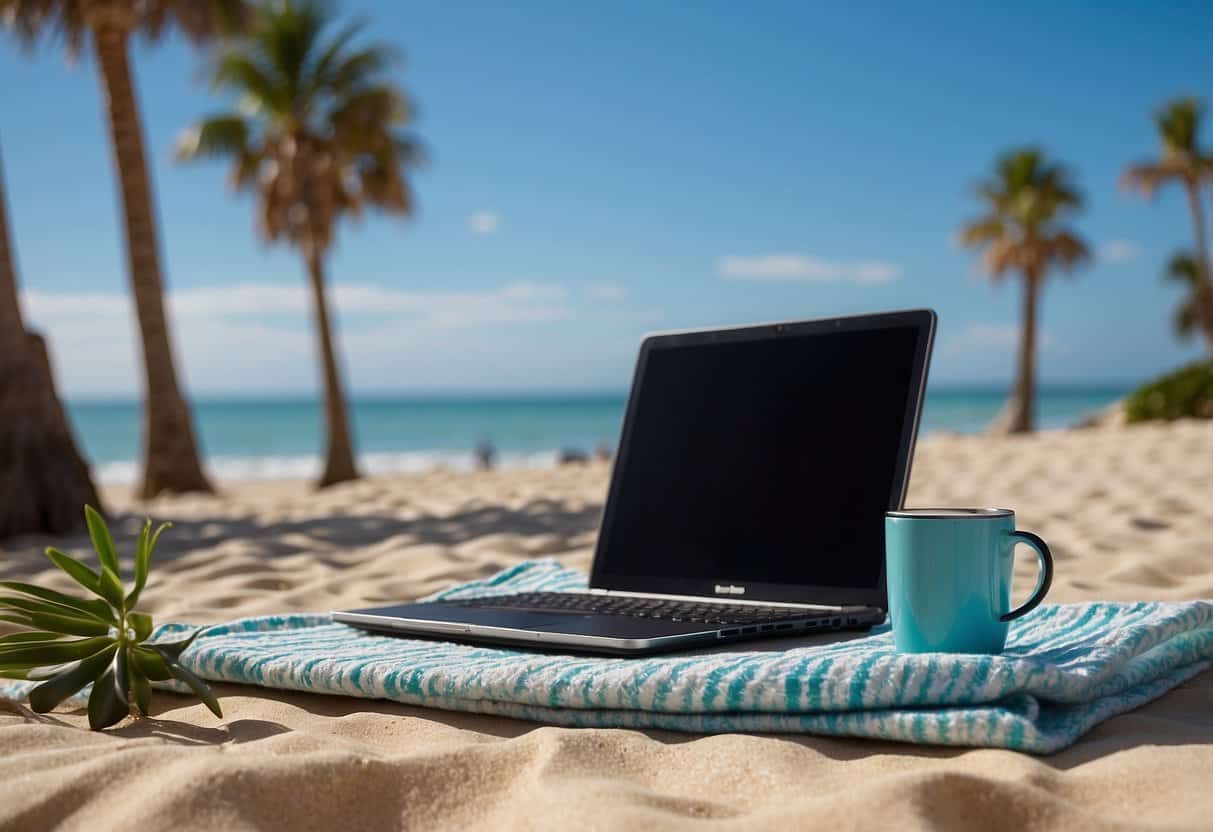 A laptop open on a beach towel, surrounded by palm trees and a clear blue sky. A suitcase and a travel mug sit nearby