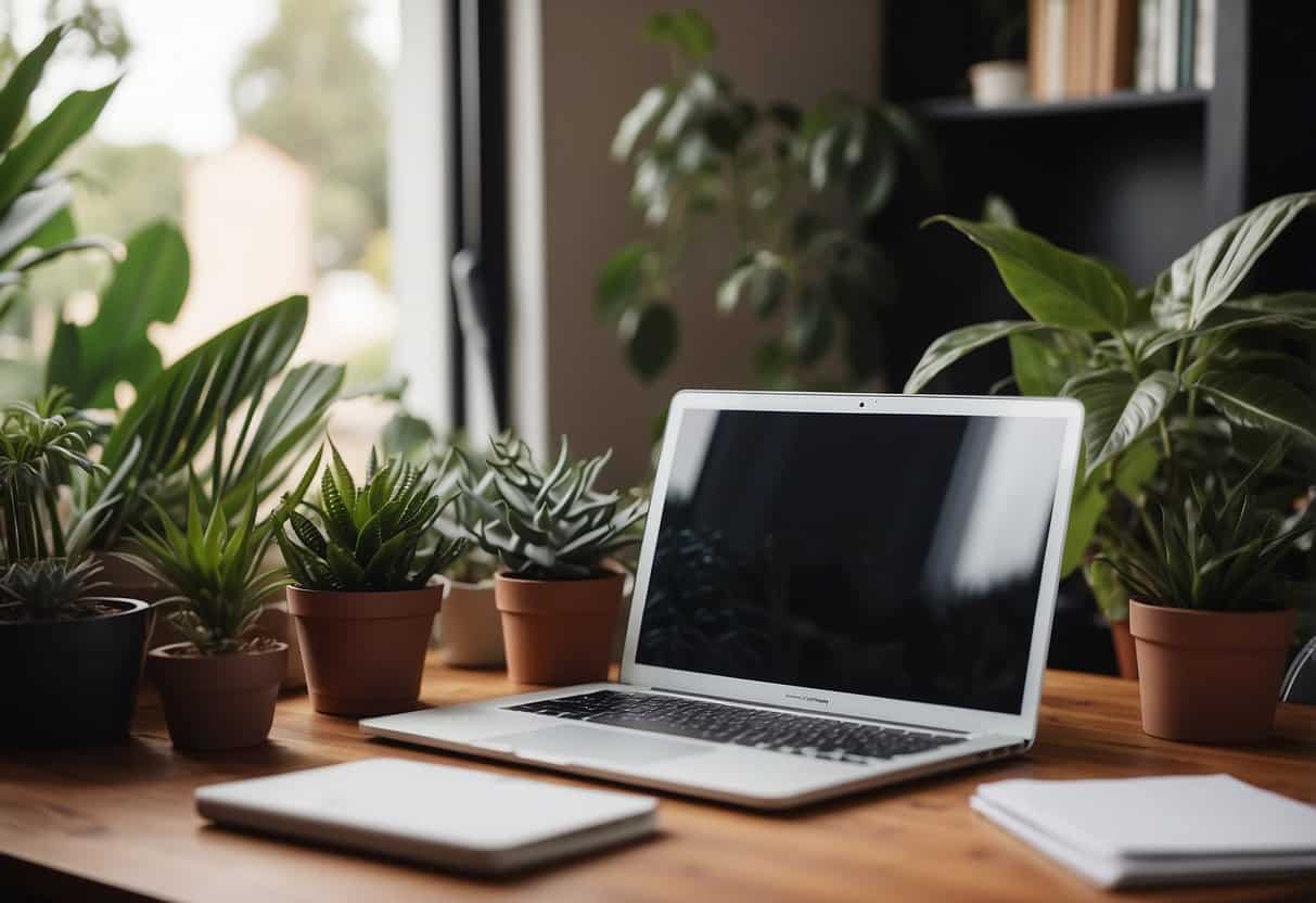 A laptop on a desk with a view of a cozy home office, surrounded by plants and natural light, with a notepad and pen nearby for brainstorming freelance job ideas