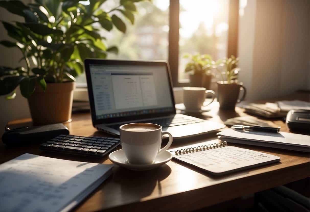 A cluttered home office with a laptop, calendar, and notepad. Sunlight streams through the window onto a desk with scattered papers and a mug of coffee