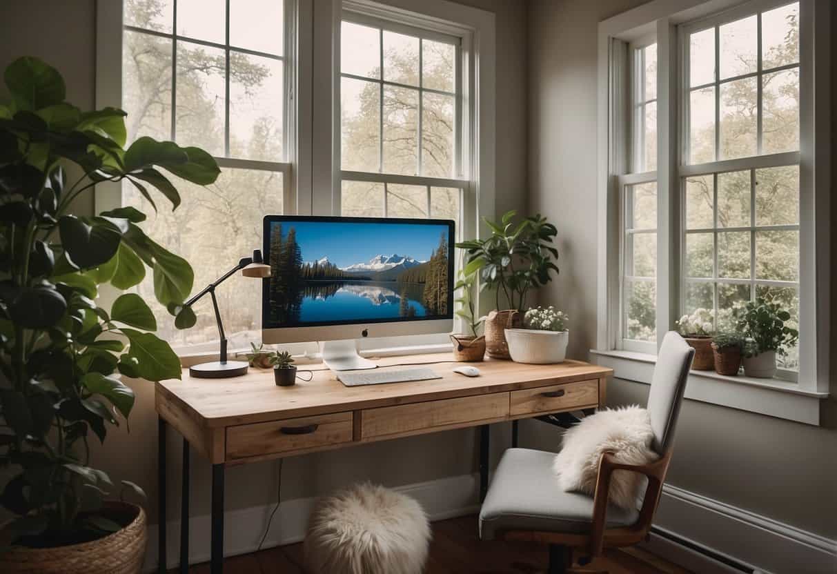 A cozy home office with a desk, computer, and comfortable chair. A bright window overlooks a peaceful outdoor scene, inspiring creativity