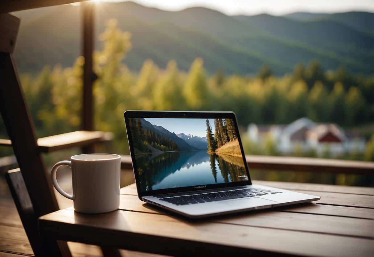 A laptop, a comfortable chair, a mug of coffee, and a peaceful outdoor view