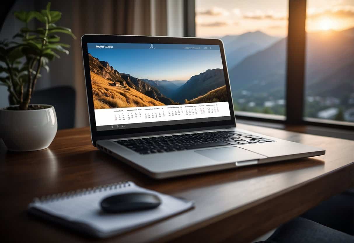 A laptop on a desk with a comfortable chair, a scenic view outside the window, and a calendar with flexible work hours highlighted