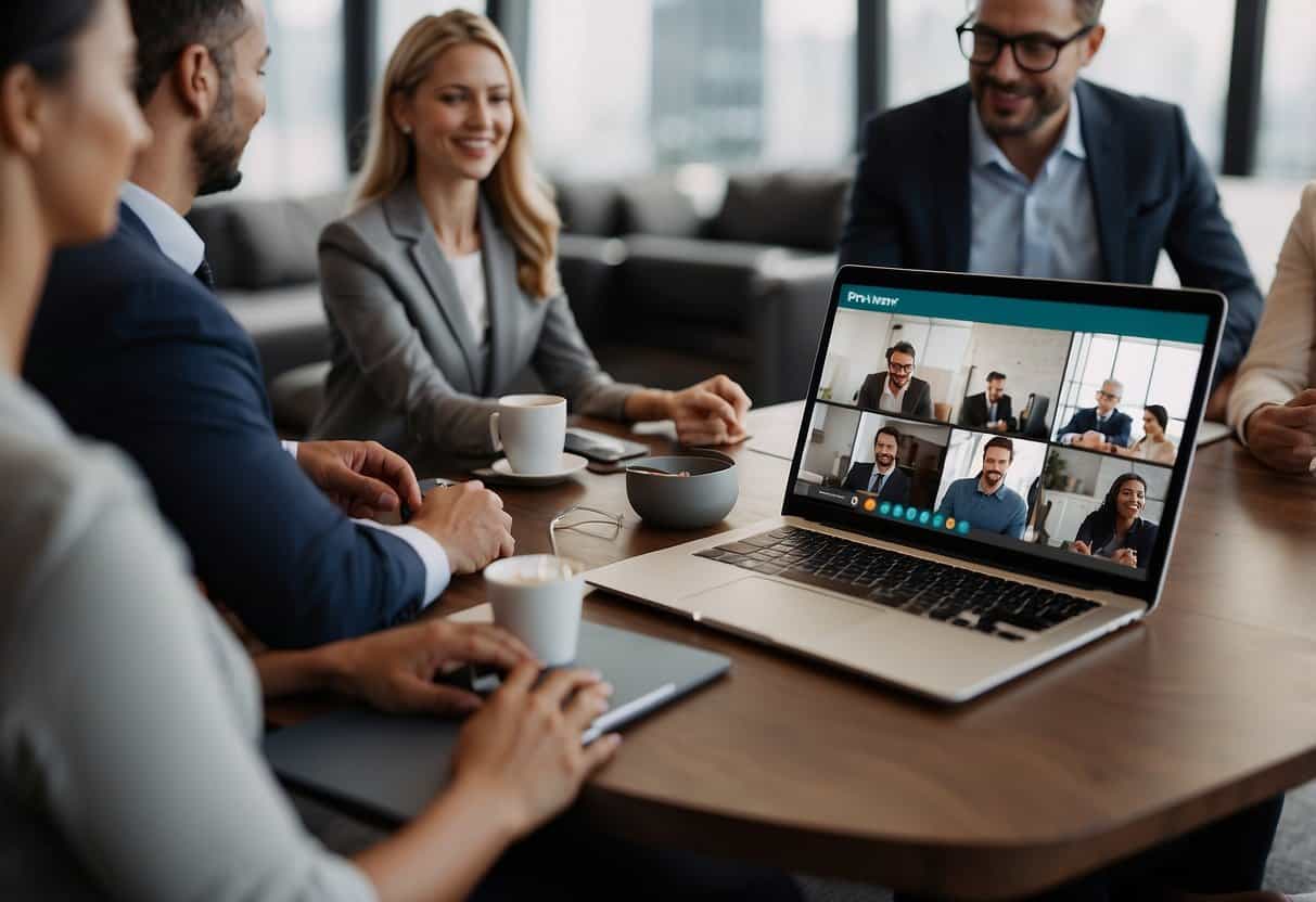 A group of professionals are gathered around a virtual meeting, exchanging business cards and contact information. Laptops and smartphones are visible, indicating remote work