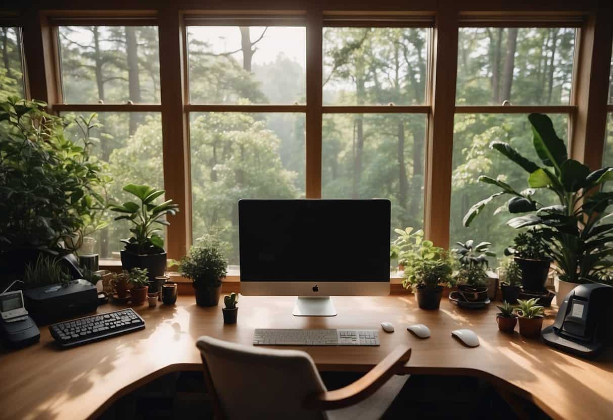 A cozy home office with natural light, ergonomic furniture, plants, and a computer setup. A peaceful and organized space with a view of nature