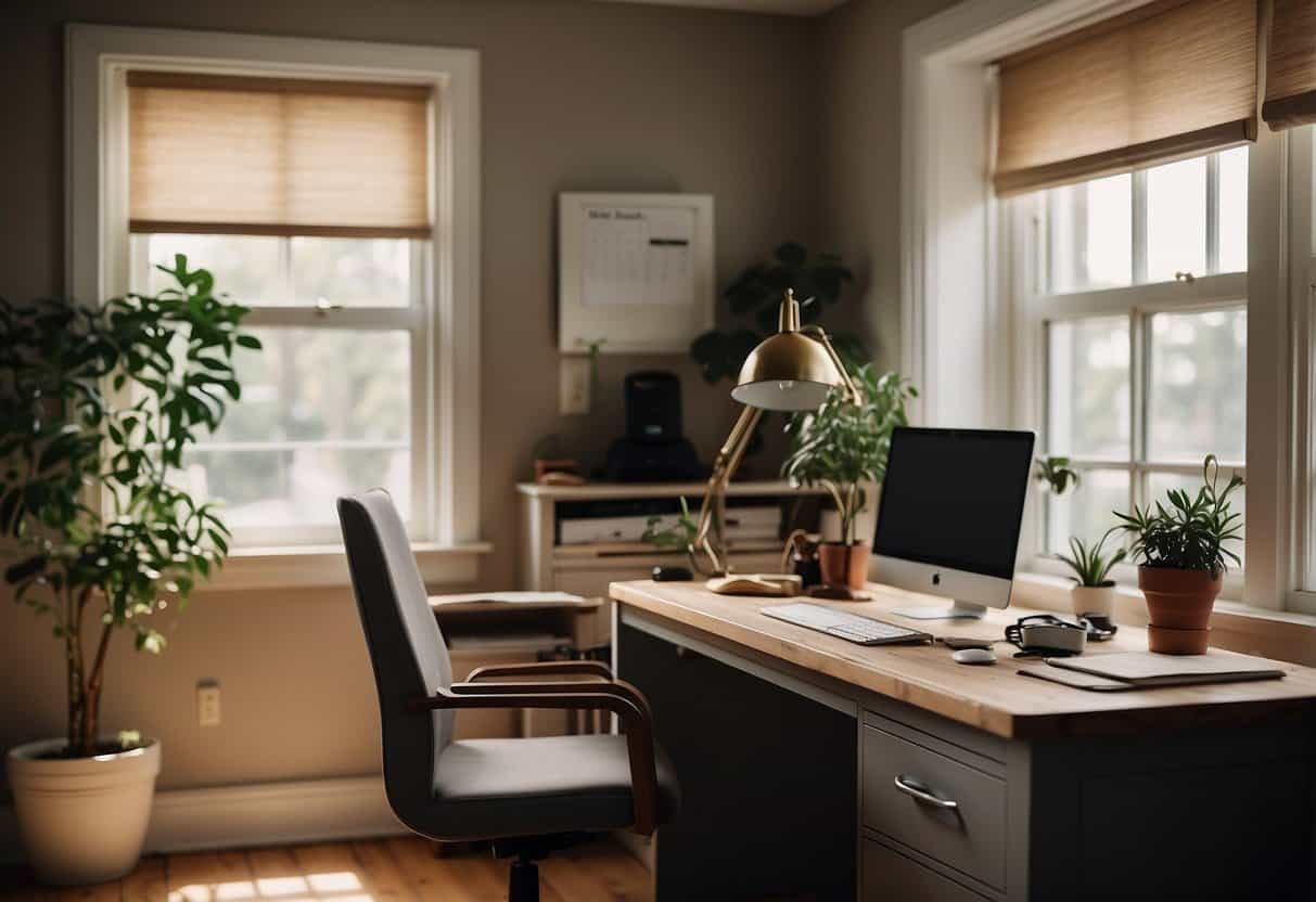 A home office with a computer, phone, and internet router. A desk with paperwork and a calendar. A cozy workspace with natural light