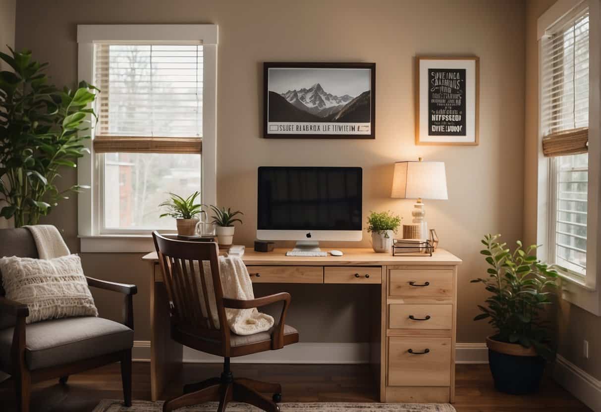 A cozy home office with a computer, phone, and desk supplies. A sign on the wall reads "Service-Based Home Business Ideas." Bright, natural light streams in through a window, creating a warm and inviting atmosphere
