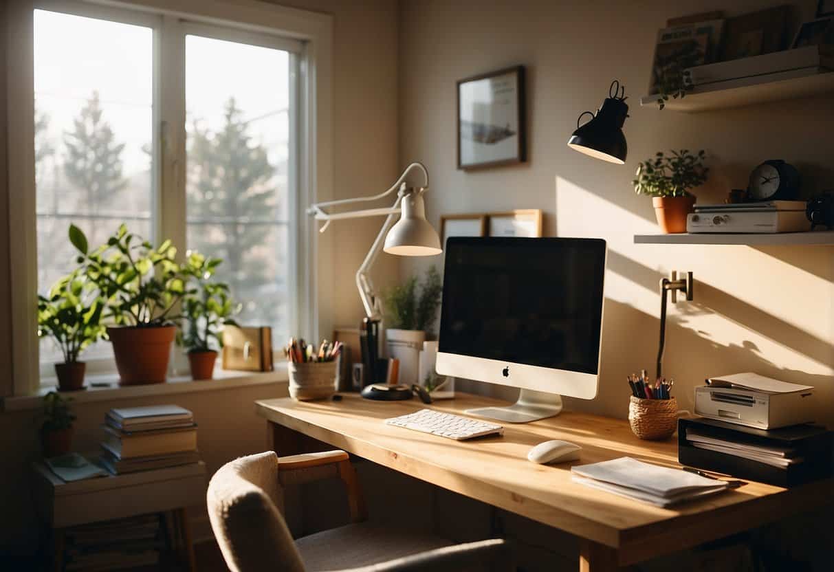 A cozy home office with art supplies, a computer, and a desk. Sunlight streams in through a window, illuminating the creative space