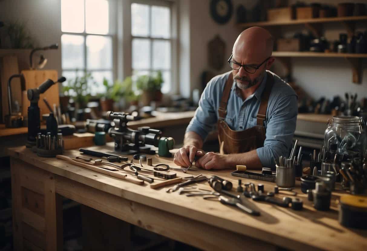 A cozy home workshop with tools, materials, and a workbench. A person creating, repairing, or building various items. Bright and organized space