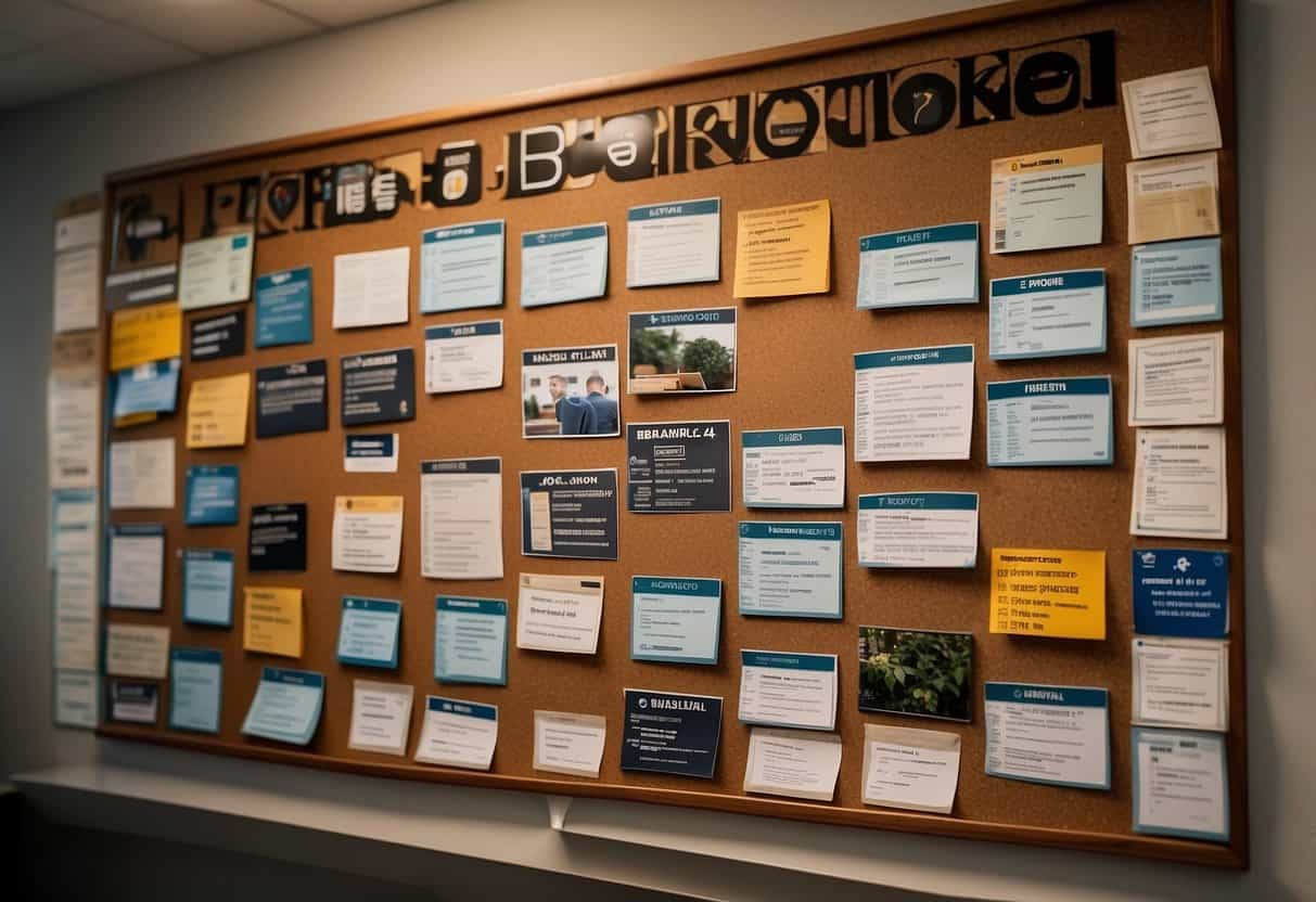 A bulletin board displaying 30 remote job boards with company logos and job titles. Surrounding the board are various job seekers and employers discussing strategies
