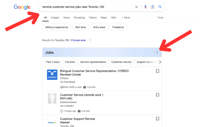 Google search showing relevant remote job listings for remote customer service jobs.