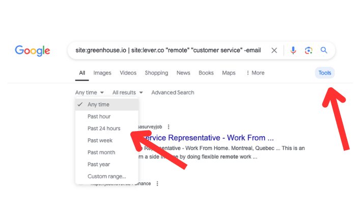 Google search tools to filter job postings by date, showing relevant remote job listings.