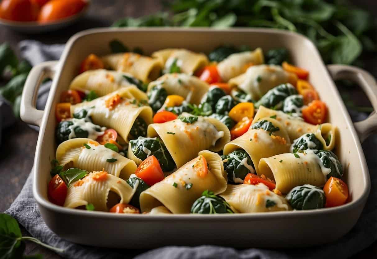 A baking dish filled with spinach and ricotta stuffed pasta shells, surrounded by colorful vegetables and herbs