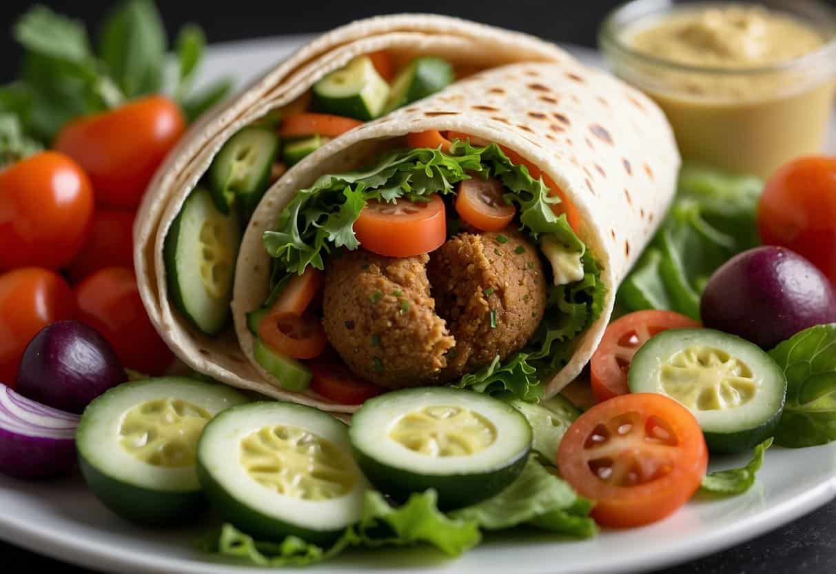 A falafel wrap sits on a plate next to a dollop of creamy hummus. Fresh vegetables and herbs surround the wrap, creating a colorful and appetizing display