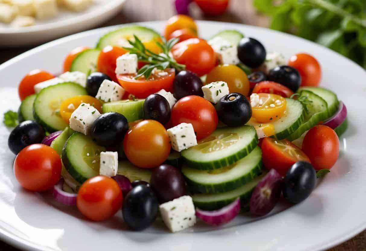 A colorful Greek salad sits on a white plate, featuring vibrant tomatoes, crisp cucumbers, tangy feta cheese, and briny olives. The fresh ingredients are arranged in an appealing and appetizing manner