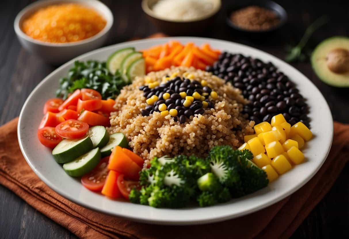 A colorful bowl filled with quinoa, black beans, and assorted vegetables, topped with a drizzle of sauce