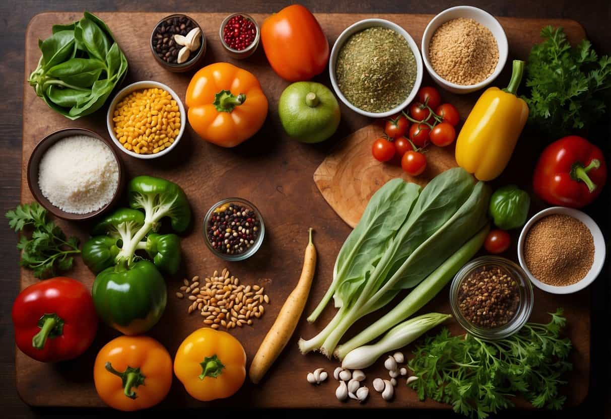 A colorful array of fresh vegetables, grains, and plant-based proteins arranged on a wooden cutting board, surrounded by vibrant herbs and spices