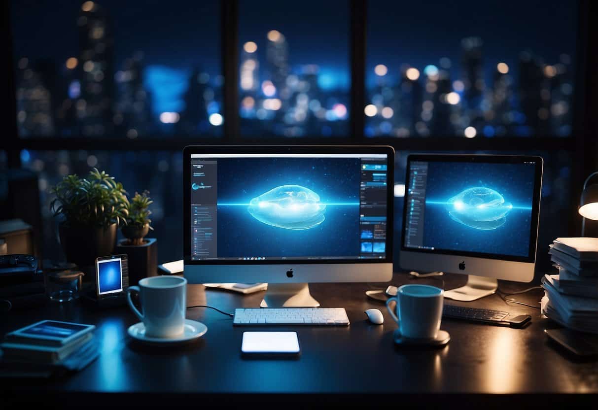 A cluttered desk with multiple screens emitting blue light, surrounded by scattered papers and empty coffee cups