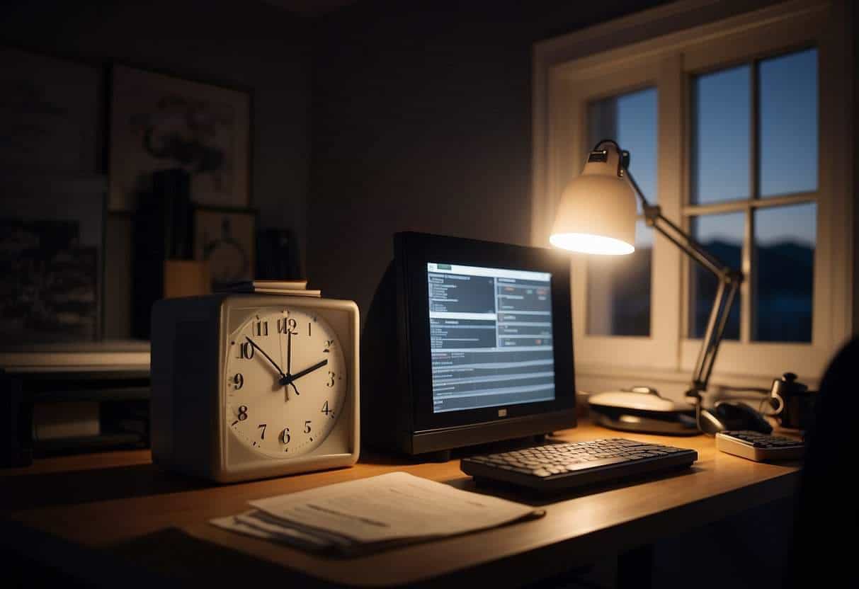 A cozy home office with a computer, desk, and chair. Soft lighting and a warm atmosphere. A calendar with evening time slots highlighted