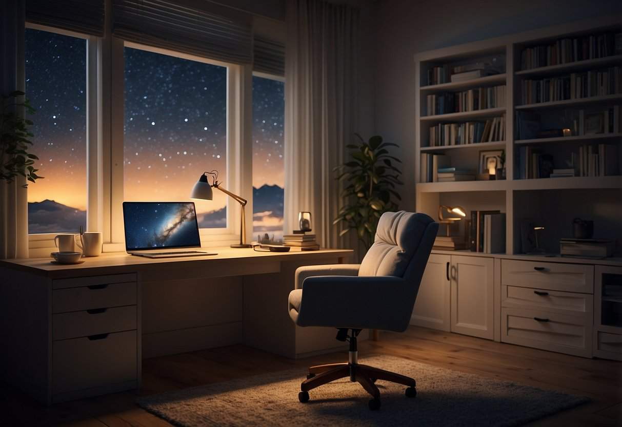 A cozy home office with a computer, desk lamp, and comfortable chair. The room is softly lit, with a view of the night sky through the window